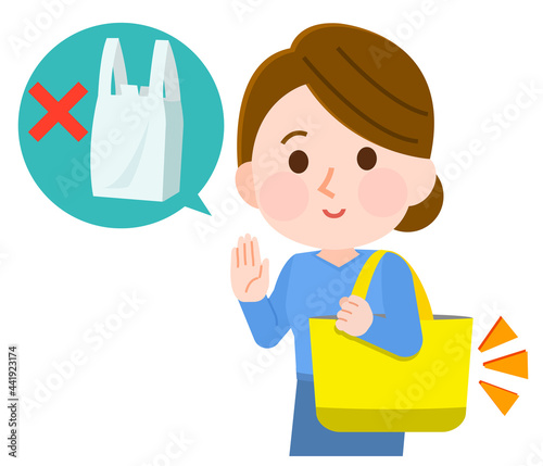 マイバッグがあるのでレジ袋を断る女性　イラスト