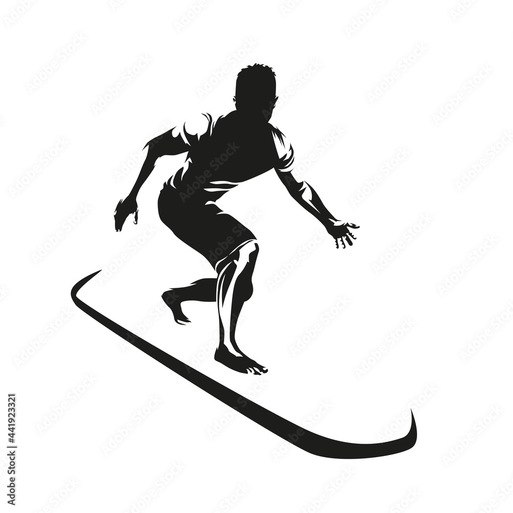 Surfing, surfer with surfboard riding. Isolated vector silhouette. Ink drawing, front view