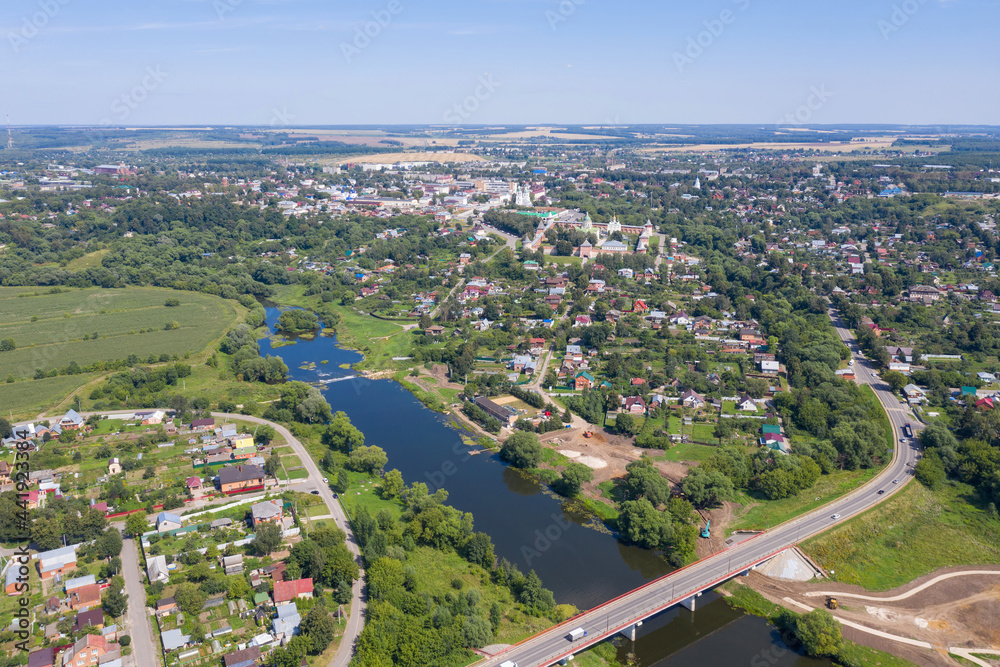 Aerial view of Zaraysk town and Osetr river. Moscow Oblast, Russia.