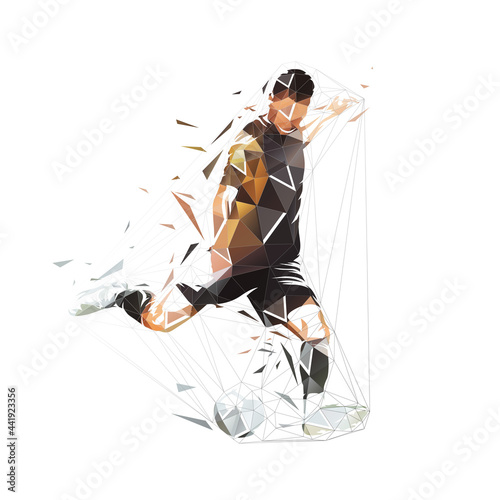 Soccer player kicking the ball, low polygonal footballer. Isolated geometric vector illustration from triangles