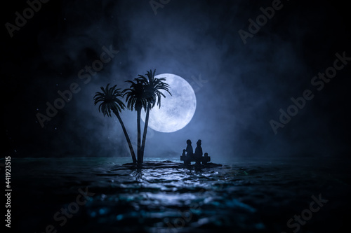 Futuristic night landscape with abstract landscape and island  moonlight  shine. Dark natural scene with reflection of light in the water  neon blue light. Dark neon circle background. Pyramids