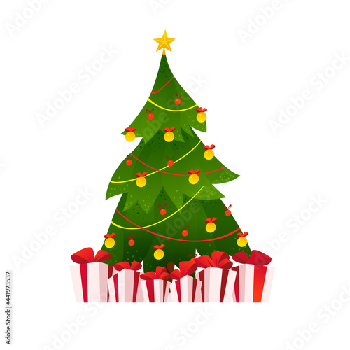 Vector illustration of decorated christmas fir tree and gift boxes  isolated. Cartoon flat illustration. For cards  banners  postcards  web  posters  packaging etc.