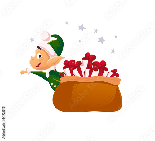 Vector cartoon illustration with funny santa elf character and big bag with gift boxes isolated. Flat Christmas illustration. For banners, sales, party decor, cards, packaging etc.