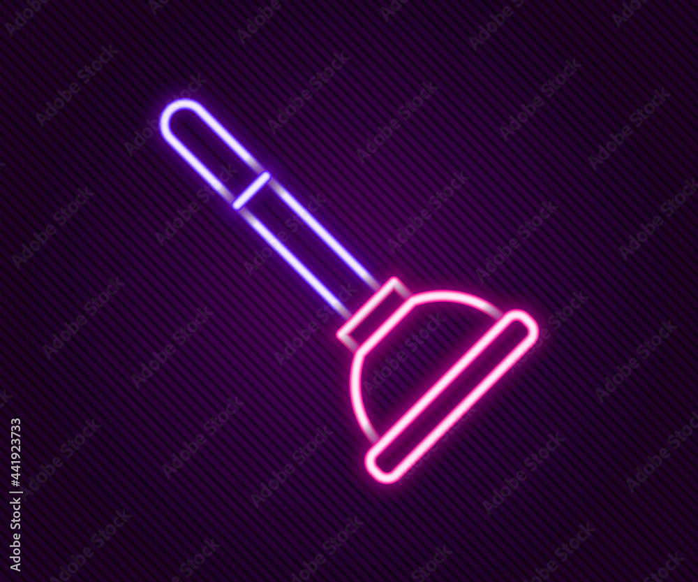 Glowing neon line Rubber plunger with wooden handle for pipe cleaning icon isolated on black background. Toilet plunger. Colorful outline concept. Vector