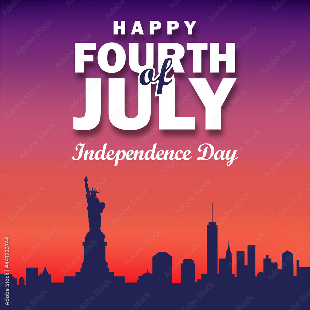 Happy Independence day 4th of July banner with silhouette of statue of liberty skyline.