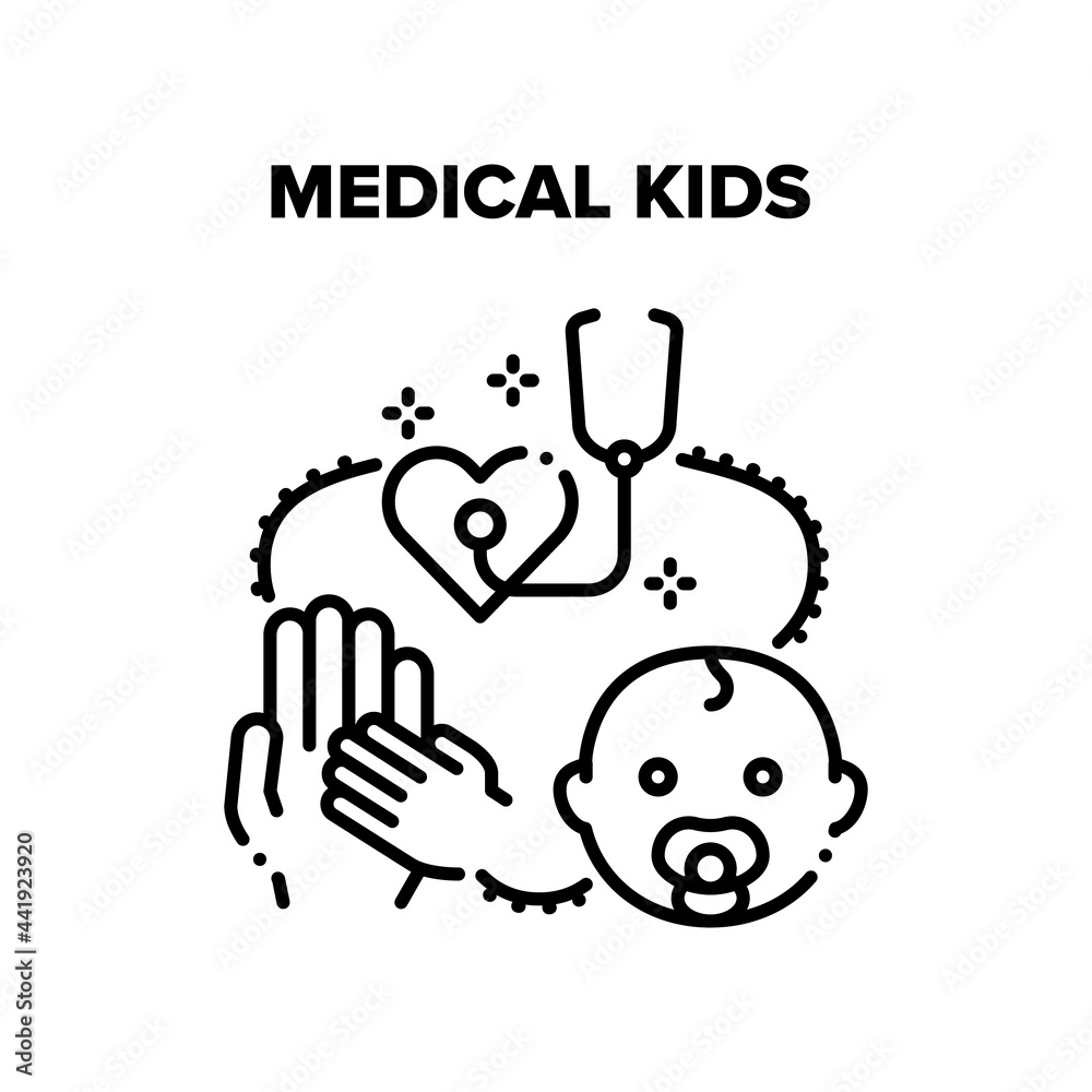 Obraz premium Medical Kids Vector Icon Concept. Medical Examination, Diagnosis And Disease Treatment. Doctor Pediatrician Examining Newborn Child Little Patient Heart With Stethoscope In Hospital Black Illustration