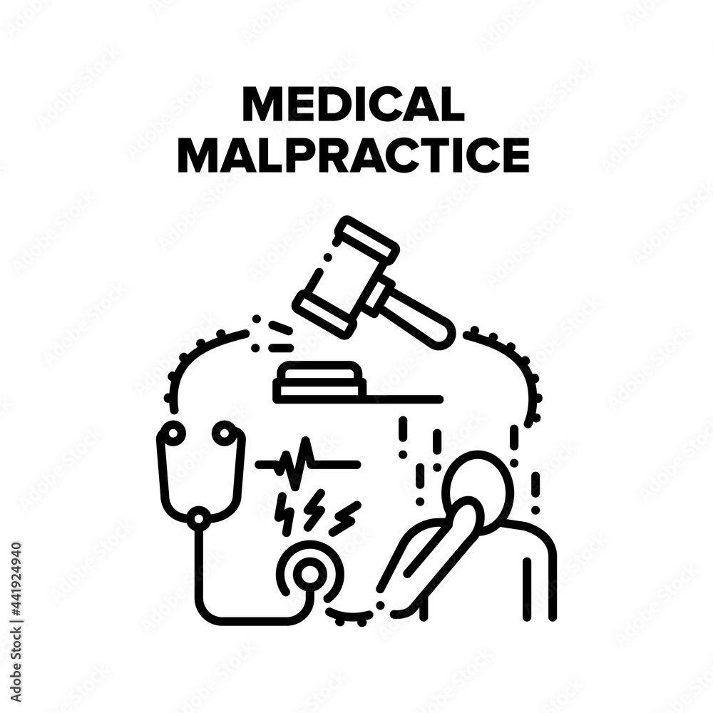 Medical Malpractice Error Vector Icon Concept. Medical Malpractice Error Doctor, Nurse And Hospital. Judge Gavel And Clinic Worker Stethoscope Tool, Medicine Jurisprudence Black Illustration Medical Malpractice Error Vector Icon Concept. Medical Malpractice Error Doctor, Nurse And Hospital. Judge Gavel And Clinic Worker Stethoscope Tool, Medicine Jurisprudence Black Illustration