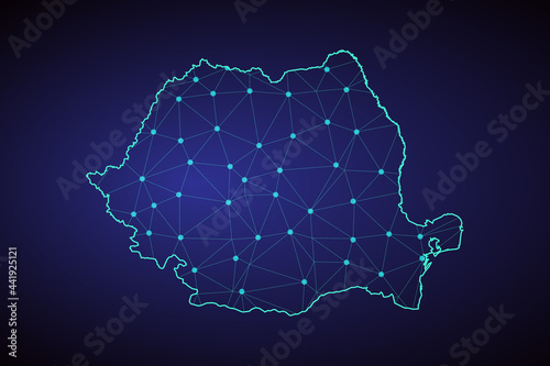 Map of Romania. Wire frame 3D mesh polygonal network line, design sphere, dot and structure. communications map of Romania. Vector Illustration EPS10. - Vector