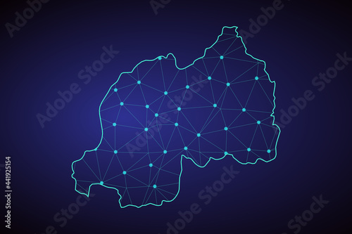Map of Rwanda. Wire frame 3D mesh polygonal network line, design sphere, dot and structure. communications map of Rwanda. Vector Illustration EPS10. - Vector