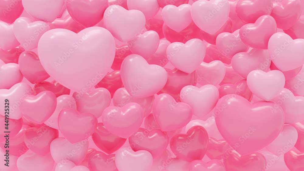 3d rendering illustration of pink heart shapes abstracton on pink background for love, wedding and valentine's day.