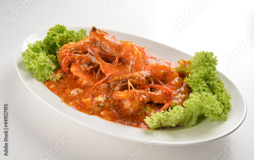stir fried big tiger prawn seafood with chilli crab spicy red sauce asian halal menu