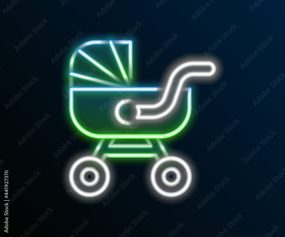 Glowing neon line Baby stroller icon isolated on black background. Baby carriage, buggy, pram, stroller, wheel. Colorful outline concept. Vector Glowing neon line Baby stroller icon isolated on black background. Baby carriage, buggy, pram, stroller, wheel. Colorful outline concept. Vector