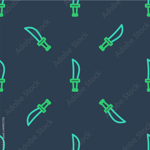 Line Pirate sword icon isolated seamless pattern on blue background. Sabre sign. Vector
