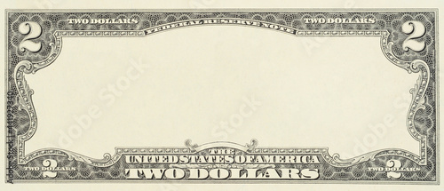 Blank front sample of US two dollar banknote with full empty middle area. Blank obverse side two dollar bill for design purposes. Mock-up for your picture and text. photo