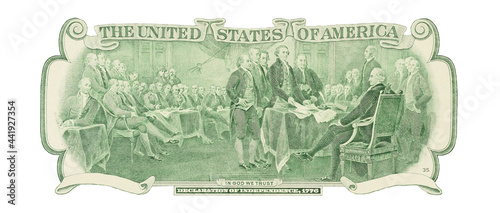 Engraved reproduction of the painting Signing of the Declaration of Independence. Cutting from back side of US two dollar banknote. Close-up reverse side two dollar bill, mock-up for design purposes.