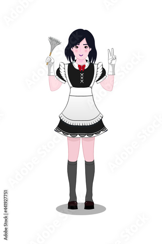 Cute girl or teen dress in or costume or cosplay with maid uniform and feather duster drawing in cartoon vector