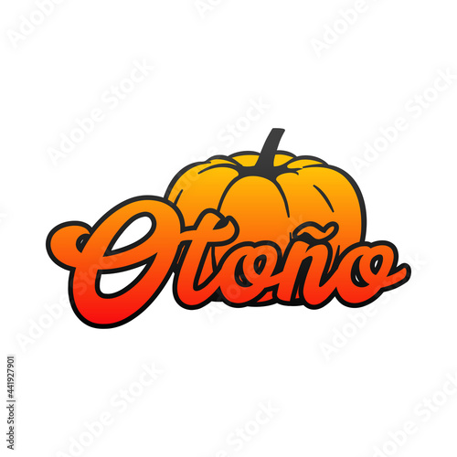 Logo con palabra Otoño en español con calabaza con sombra en color naranja