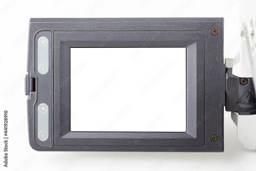 Video camcorder film camera movie recorder blank, empty white flip out  screen, digital display cut out, object detail closeup, place for own  picture, photo. Retro video recording concept, nobody Stock-Foto | Adobe