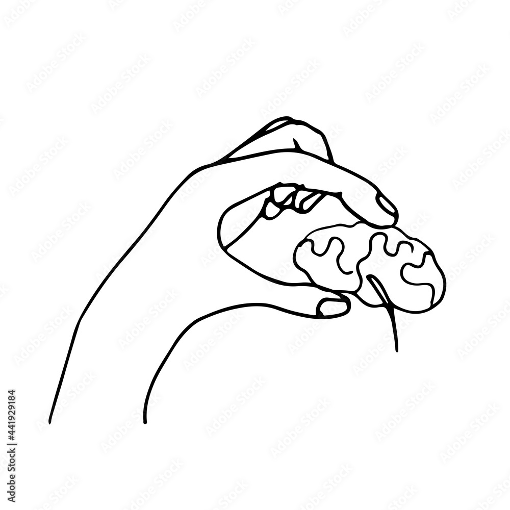 The hand holds the human brain and looks like an ominous snake. Doodle style concept of manipulation, mental violence, total control, gaslighting, personality enslavement, addiction, codependency. The hand holds the human brain and looks like an ominous snake. Doodle style concept of manipulation, mental violence, total control, gaslighting, personality enslavement, addiction, codependency.