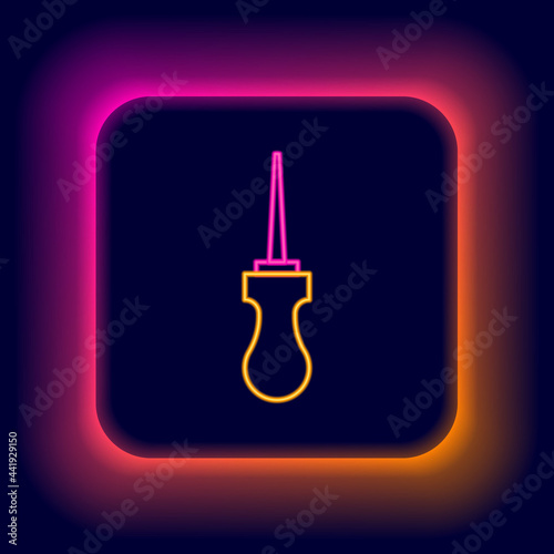 Glowing neon line Awl tool with wooden handle icon isolated on black background. Work equipment tailor industry. Colorful outline concept. Vector