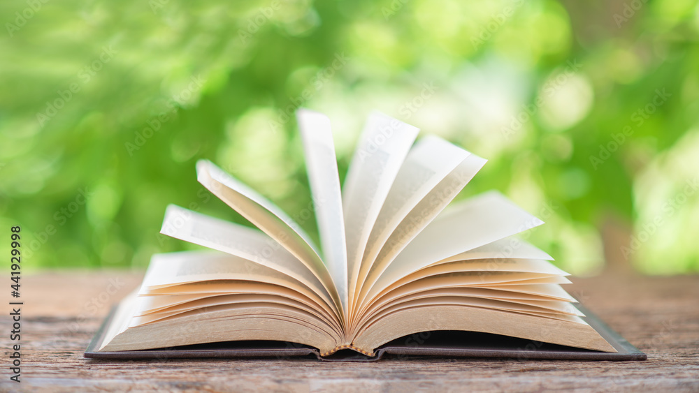 Open book outdoor. Selective focus.Opened book on bright background. Open book outdoor. Selective focus.Opened book on bright background.