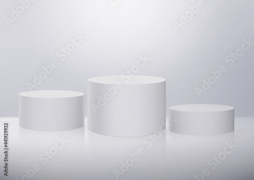 White color round podium. 3d exhibit displays. Spotlight illuminates pedestal. 3D render