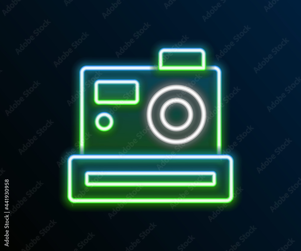 Glowing neon line Photo camera icon isolated on black background. Foto camera. Digital photography. Colorful outline concept. Vector Glowing neon line Photo camera icon isolated on black background. Foto camera. Digital photography. Colorful outline concept. Vector