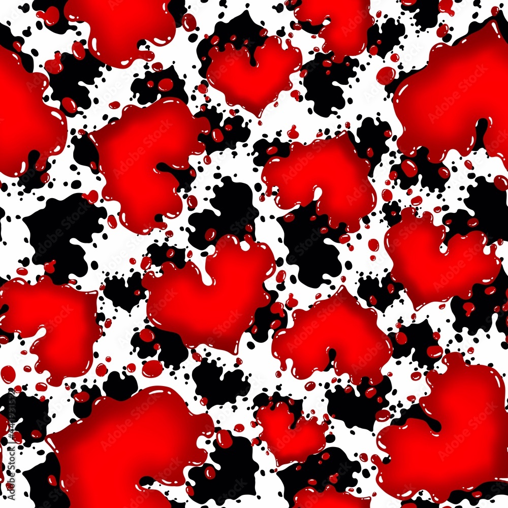 Red, black liquid hearts on a white background. Seamless pattern. Abstract artistic repeating pattern. Red, black liquid hearts on a white background. Seamless pattern. Abstract artistic repeating pattern.