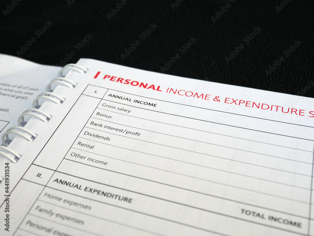 Selected focused on Personal Income and Expenditure text found on one page of a notebook. Be the title to a table of personal income entries that are still empty. Selected focused on Personal Income and Expenditure text found on one page of a notebook. Be the title to a table of personal income entries that are still empty.