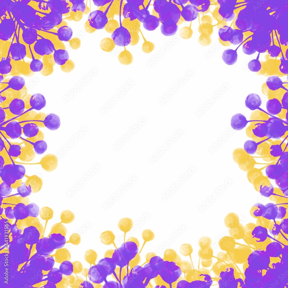 Yellow, lilac berries on a white background. Berries on the branches. Square frame. Botanical background.