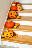 Seasonal autumn decoration on wooden stairs at home