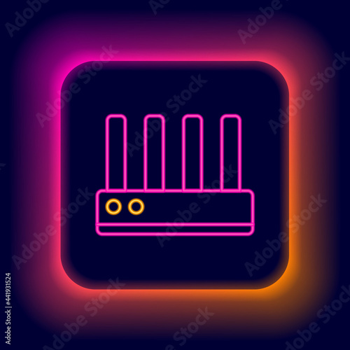 Glowing neon line Router and wi-fi signal icon isolated on black background. Wireless ethernet modem router. Computer technology internet. Colorful outline concept. Vector