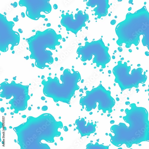 Blue liquid hearts on a white background. Seamless pattern. Abstract artistic repeating pattern.