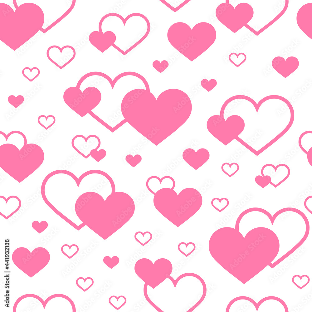 Pink Hearts on a white. Valentines Day. Modern seamless pattern. Vector illustration. The idea for holiday designs, greeting cards, holiday prints, designer packaging, stylish textile, fabric, etc.