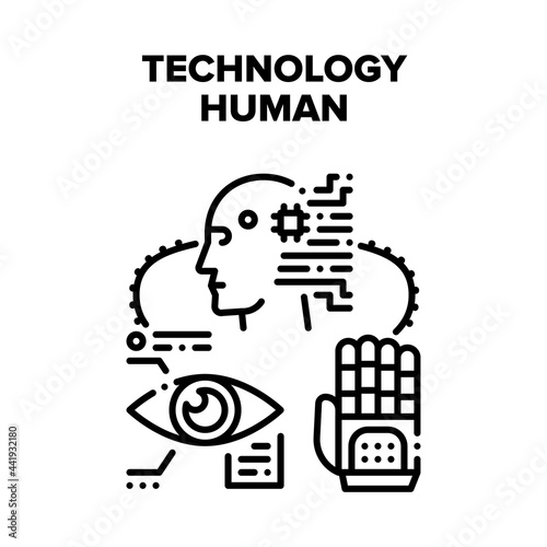 Technology Human Vector Icon Concept. Cyborg Digital Eye, Artificial Intelligence And Robotic Arm, Technology Human. Futuristic Cyber Electronics And Machine System Black Illustration