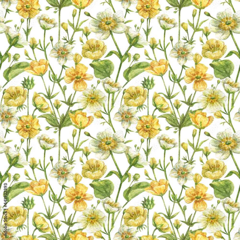 Floral seamless pattern with yellow and white buttercups and green leaves and herbs. Hand-drawn wildflowers. Floral seamless pattern with yellow and white buttercups and green leaves and herbs. Hand-drawn wildflowers.