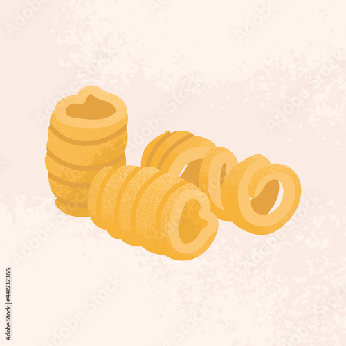 Trdelník is traditional Czech baking. Prague street food made from rolled dough and topped with sugar. Snack of puff pastry isolated vector