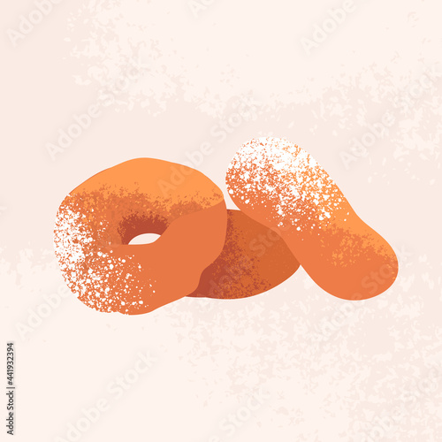 Donuts cartoon illustration. Fried dough with filling and powdered sugar on top. Sweet bakery isolated vector.