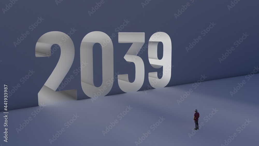 3D illustration of number 2039 with a man walking towards it 3D illustration of number 2039 with a man walking towards it