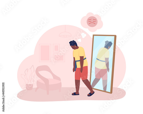 Overweight sad teen girl 2D vector isolated illustration. Fat child. Upset adolescent kid walking from mirror flat characters on cartoon background. Teenager problem colourful scene