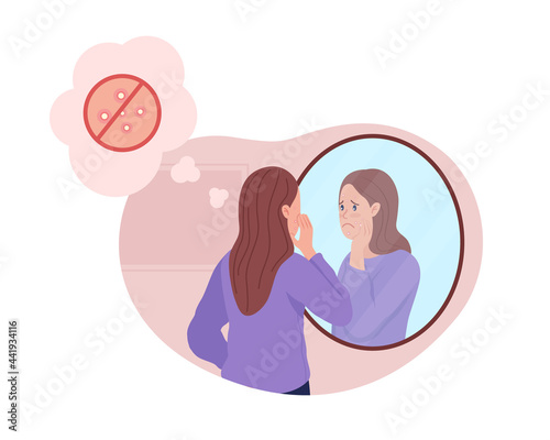 Teenage girl upset over acne 2D vector isolated illustration. Dermatology issue with skin care. Unhappy child in front of mirror flat character on cartoon background. Teenager problem colourful scene