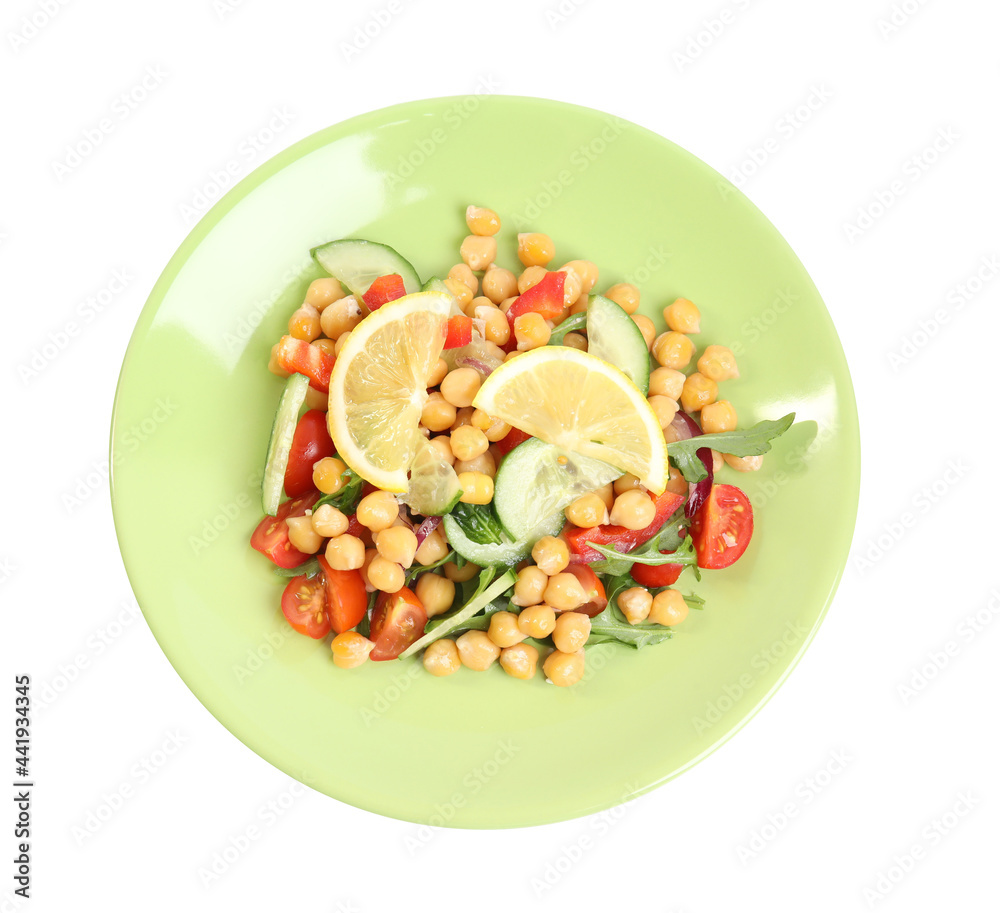 Plate with delicious fresh chickpea salad isolated on white, top view