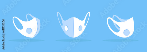Face mask with breathable vent white mockup. Valve for comfortable breathing. Respirator mask. Face covering with air filter. Modern item clipart. Isolated design template on blue background