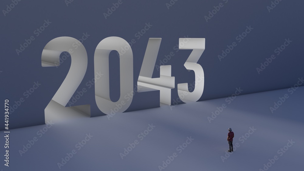3D illustration of number 2043 with a man walking towards it 3D illustration of number 2043 with a man walking towards it