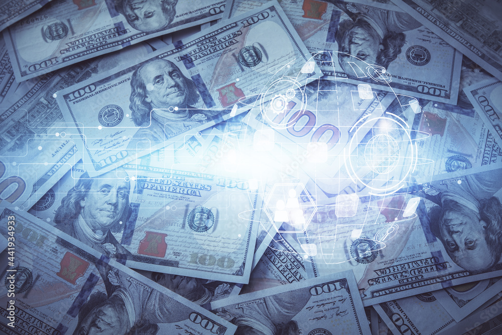Multi exposure of social network drawing over us dollars bill background. Concept of people connection. Multi exposure of social network drawing over us dollars bill background. Concept of people connection.