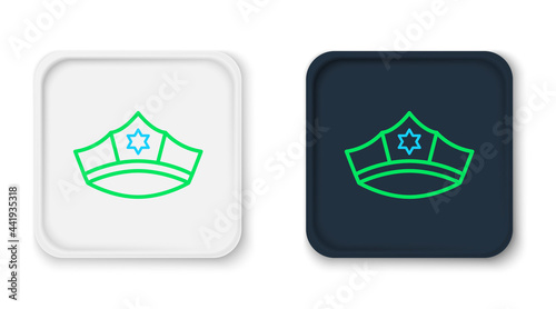 Line Police cap with cockade icon isolated on white background. Police hat sign. Colorful outline concept. Vector