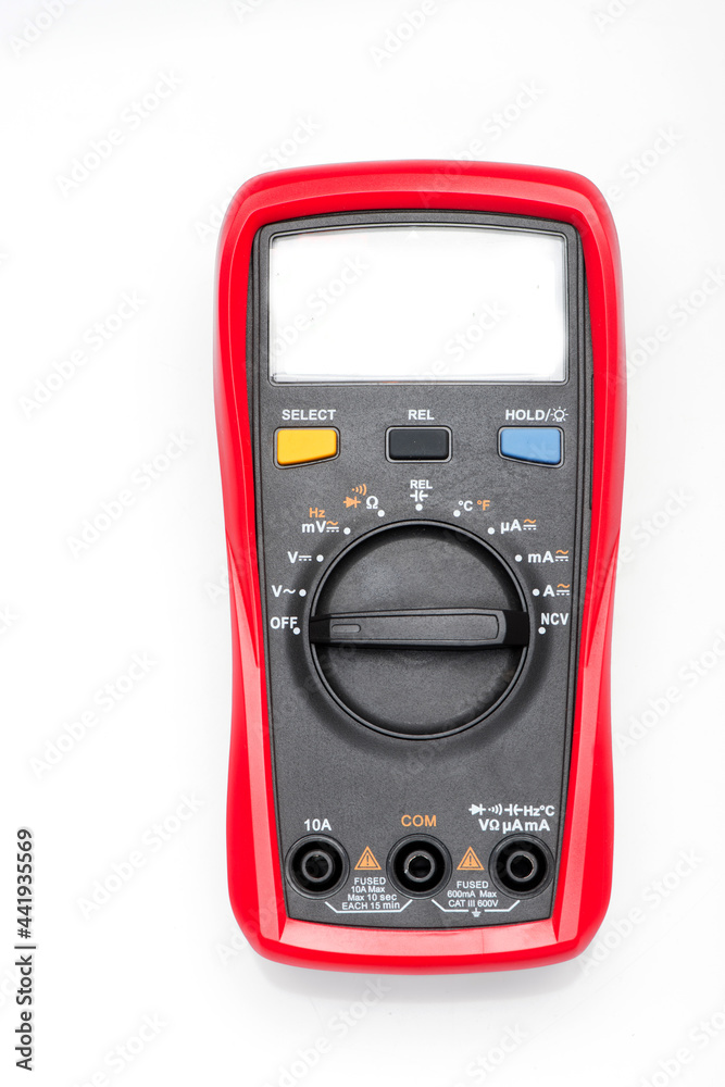 Electronic digital multimeter isolated on white with probes. Digital multimeter with red and black leads. Electronic multimeter isolated on white background close up Electronic digital multimeter isolated on white with probes. Digital multimeter with red and black leads. Electronic multimeter isolated on white background close up