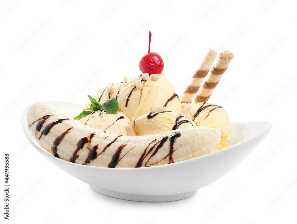 Delicious dessert with banana ice cream on white background Delicious dessert with banana ice cream on white background