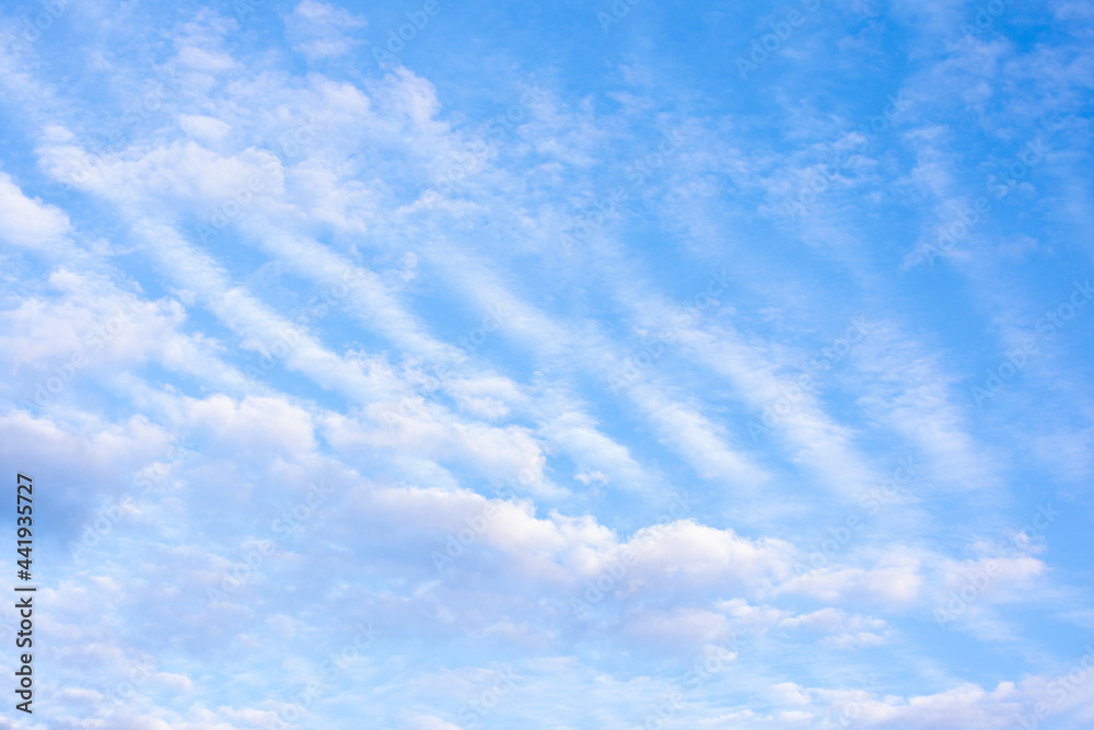Blue sky with white fluffy clouds, copy space, abstract background