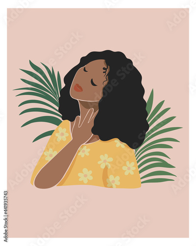 Dark skinned cute afro young woman portrait. Cute girl in yellow dress closed eyes. Background of palm leaves. Trending boho pastel color wall art fashion print poster. Stock vector flat illustration.